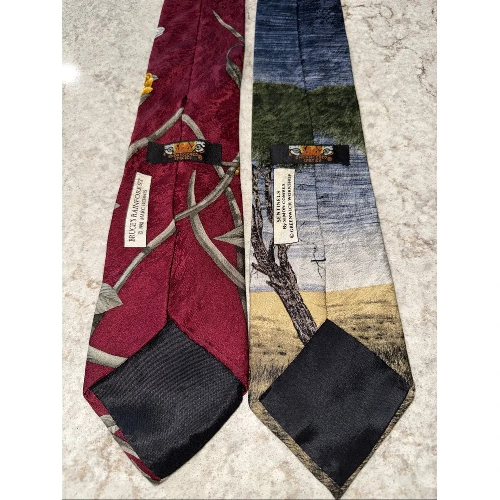 2 Vintage Endangered Species 90's Wild Animal Silk Tie Giraffe Frog Colorful